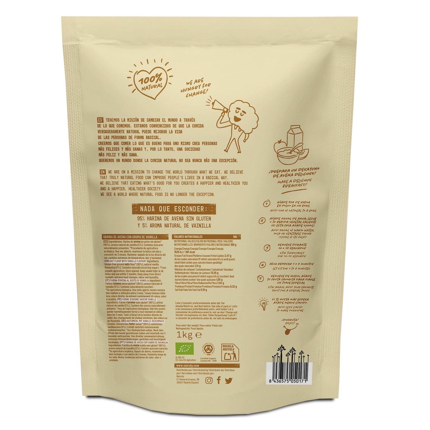 Avena en polvo de Vainilla BIO - 1000 gramos - Natruly