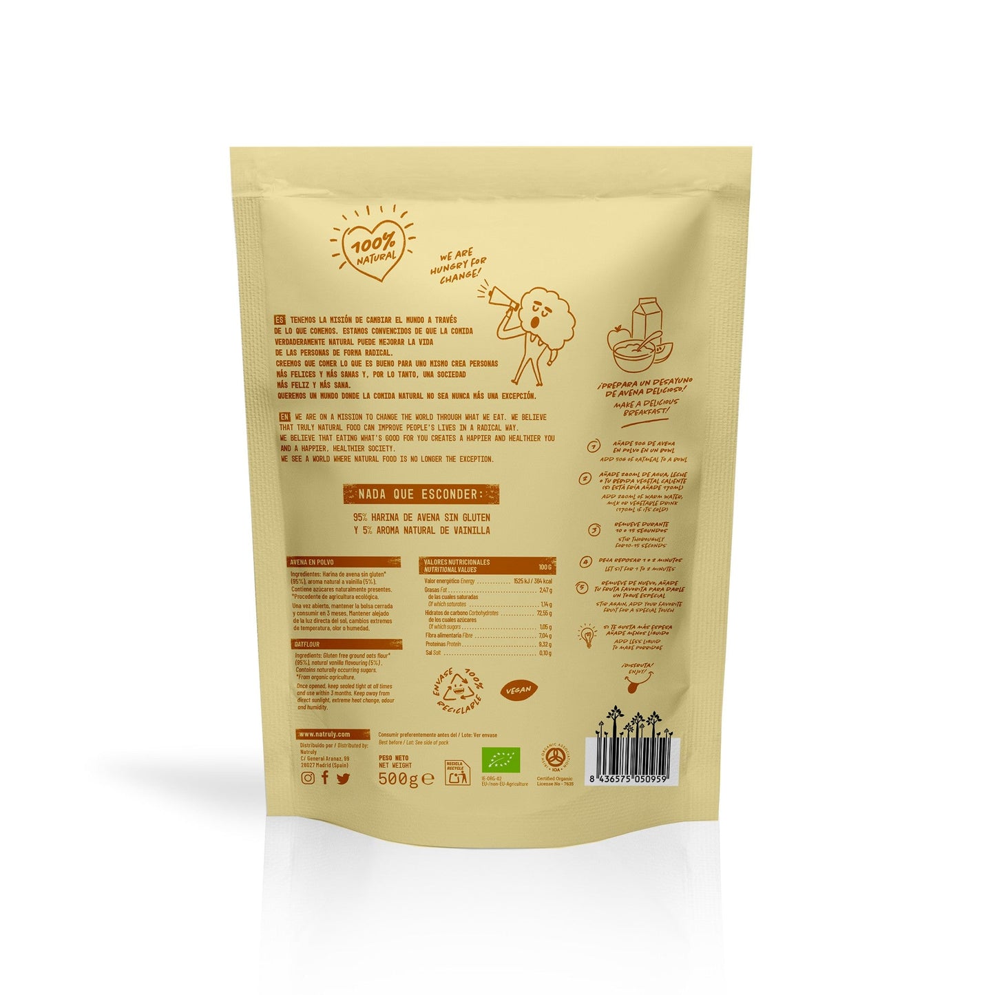 Avena en polvo de Vainilla BIO - 500 gramos - Natruly