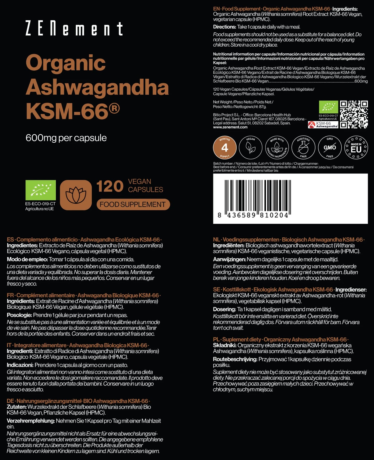 Ashwagandha Ecológica KSM-66 - 120 cápsulas - Zenement