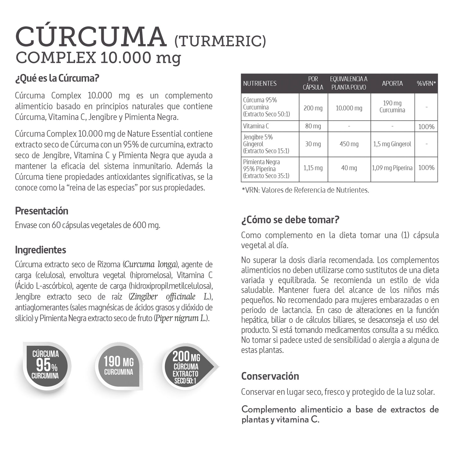 Cúrcuma (complex) 10.000 mg (95%) con vitamina C, jengibre y pimienta negra - 60 cápsulas vegetales - Nature Essential