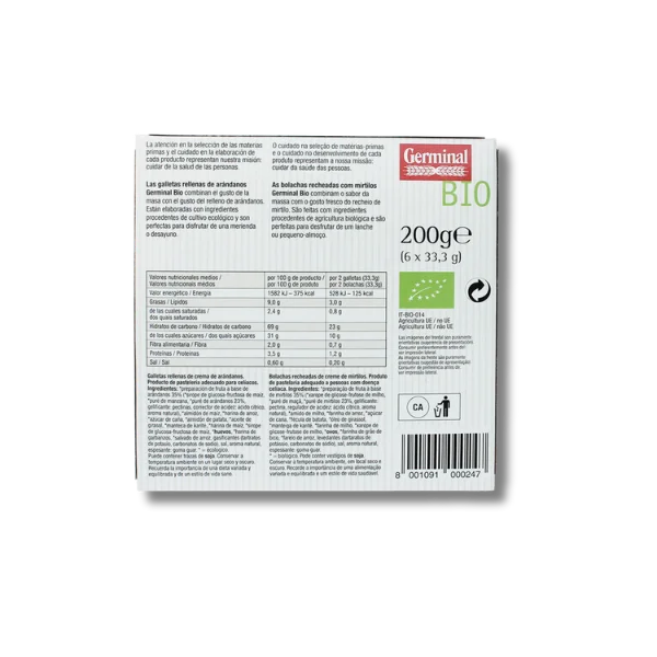 Galletas sin gluten rellenas de arandanos BIO - 200 gramos - Germinal