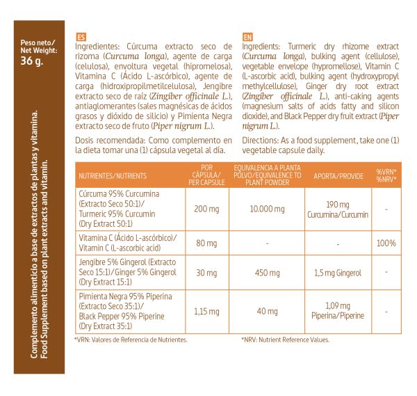 Cúrcuma (complex) 10.000 mg (95%) con vitamina C, jengibre y pimienta negra - 60 cápsulas vegetales - Nature Essential