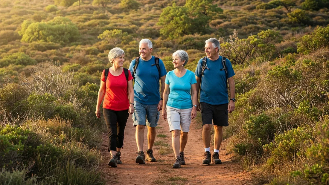 Grupo maduro caminando felices por el monte