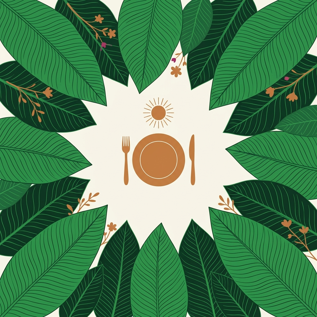 Ilustración botánica plana: plato con cubiertos y un sol, rodeado de hojas grandes