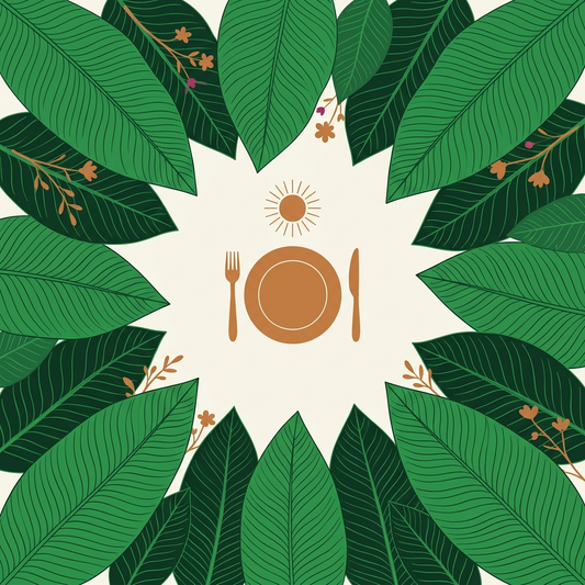 Ilustración botánica plana: plato con cubiertos y un sol, rodeado de hojas grandes