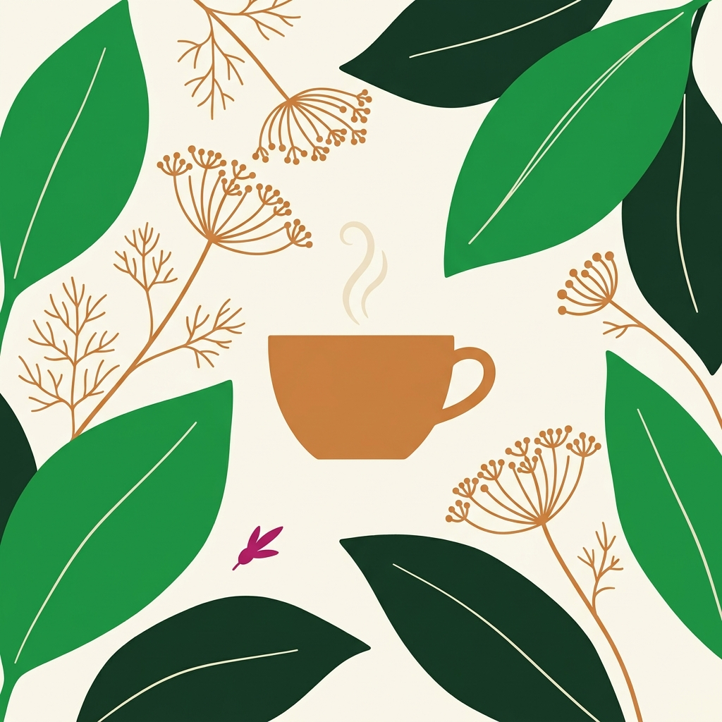 Ilustración botánica plana: taza de infusión humeante entre hinojo y anís