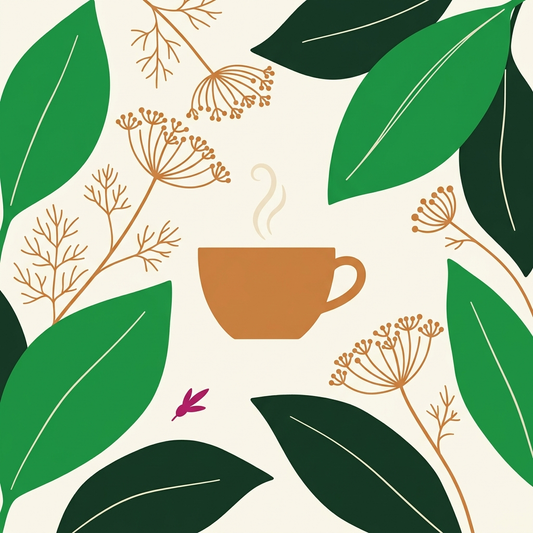 Ilustración botánica plana: taza de infusión humeante entre hinojo y anís