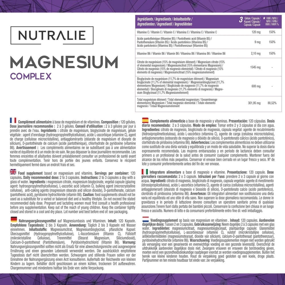 Magnesio Complex Bisglicinato y Citrato - 120 cápsulas - Nutralie